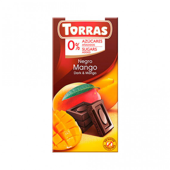 Чорний шоколад без цукру з манго (без глютену), 75г Torras