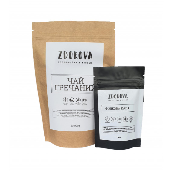 Комбо гречишний чай 100г та органічна фінікова кава 30г, ZDOROVA